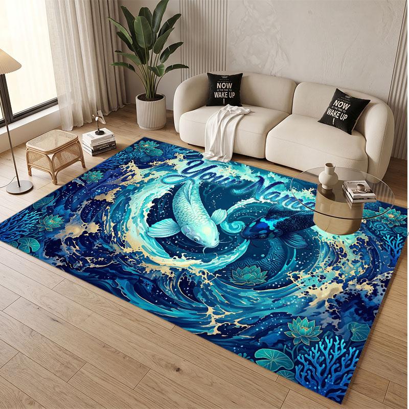 Fish Ocean Theme Soft Crystal Velvet Rug Custom Name & Text Print Non Slip Floor Rug for Bedroom Living Room