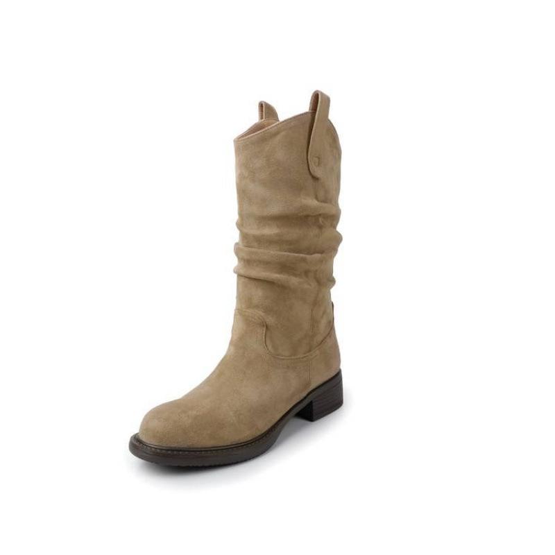 Autumn and Winter Women's Leather Boots Medium Heel Large Size Women's Boots Versatile Leather Martin Boots Sleeve New Round Head Medium Boots Women