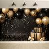 Ein schwarz-goldener kombinierter Feierhintergrund, begleitet von Luftballons, Konfetti und Geschenkboxen - geeignet für Geburtstage