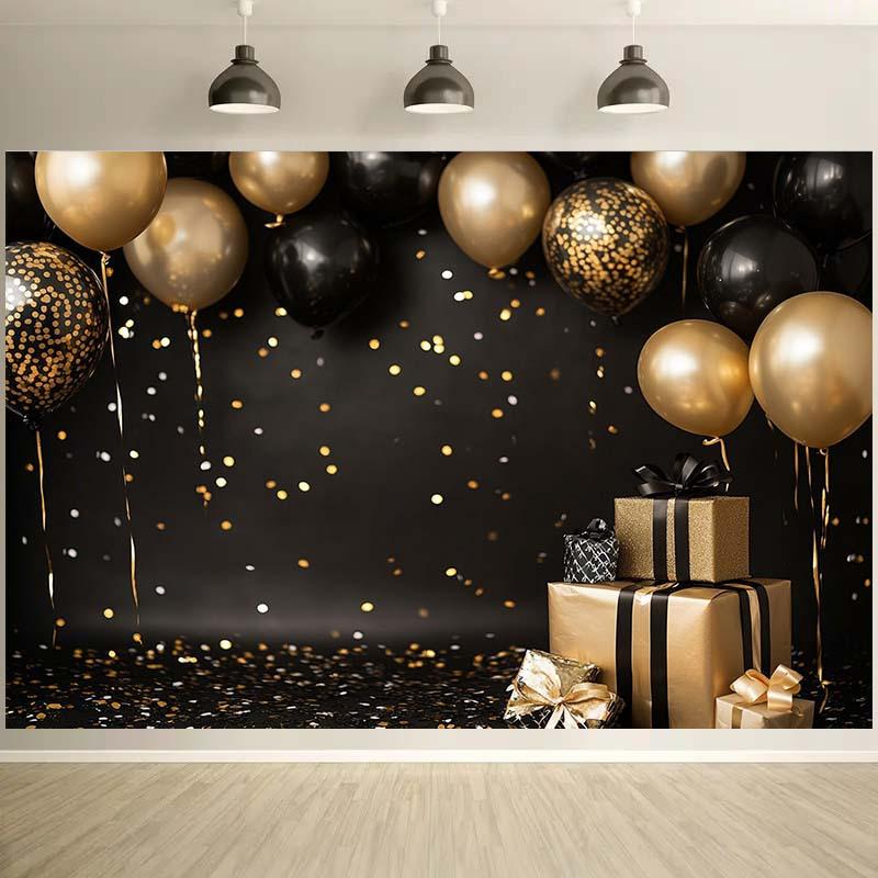 Ein schwarz-goldener kombinierter Feierhintergrund, begleitet von Luftballons, Konfetti und Geschenkboxen - geeignet für Geburtstage
