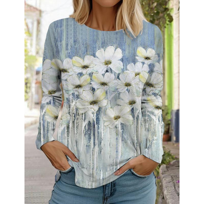 T-shirt manches longues ras du cou femme, design tendance, impression florale 3D, style fin, coupe régulière, printemps/automne