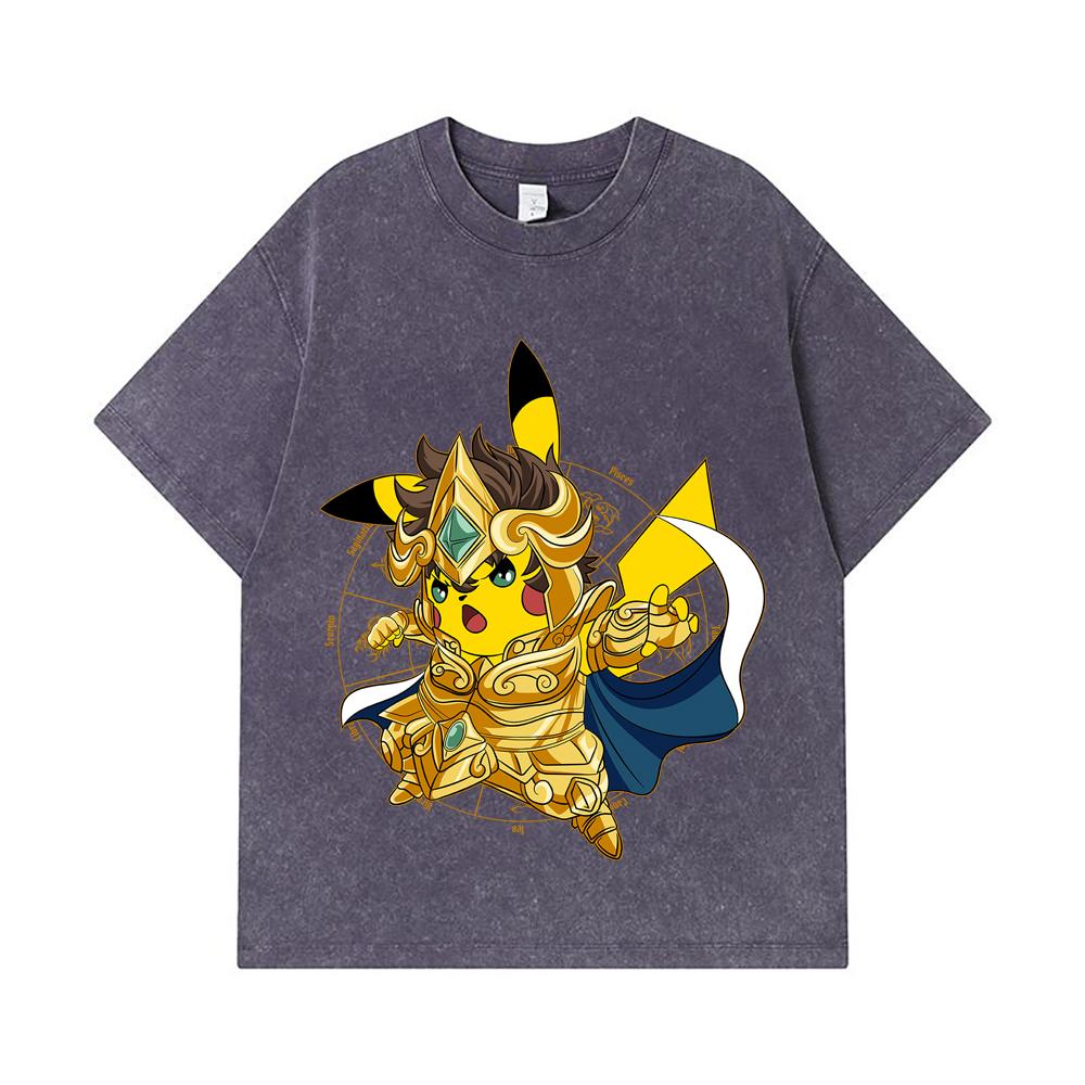 275 GSM Gewaschene T-Shirts 100% Baumwolle Pokemon V25 Pikachu Leo Print Unisex Schweres Baumwoll-T-Shirt