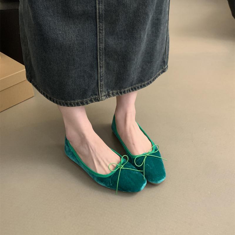 Velvet Shallow Shoes French Small Fragrance Bow Square Toe Soft Ballet Shoes 2025 Summer New Comfortable Slip-on Flat Shoes