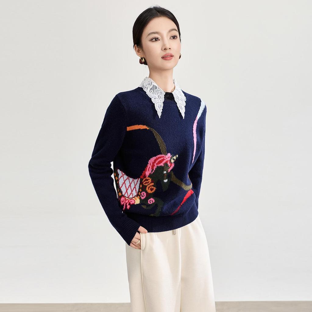 Pure Wool Zodiac Jacquard Top: Autumn/Winter Round Neck Christmas Series Knitwear