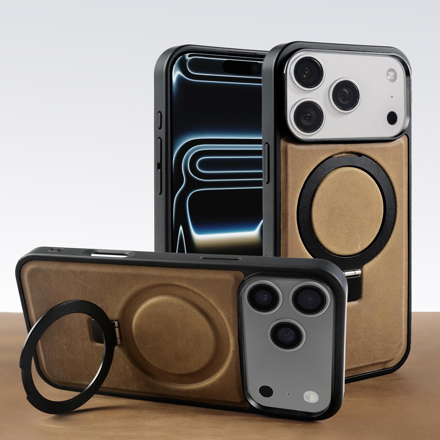 Foldable Bracket Stand Genuine Leather Phone Case For Iphone 17 Pro Max iphone16 15 14 13  Crazy Horse Kickstand Back Shell Genuine Leather&iPhone Air