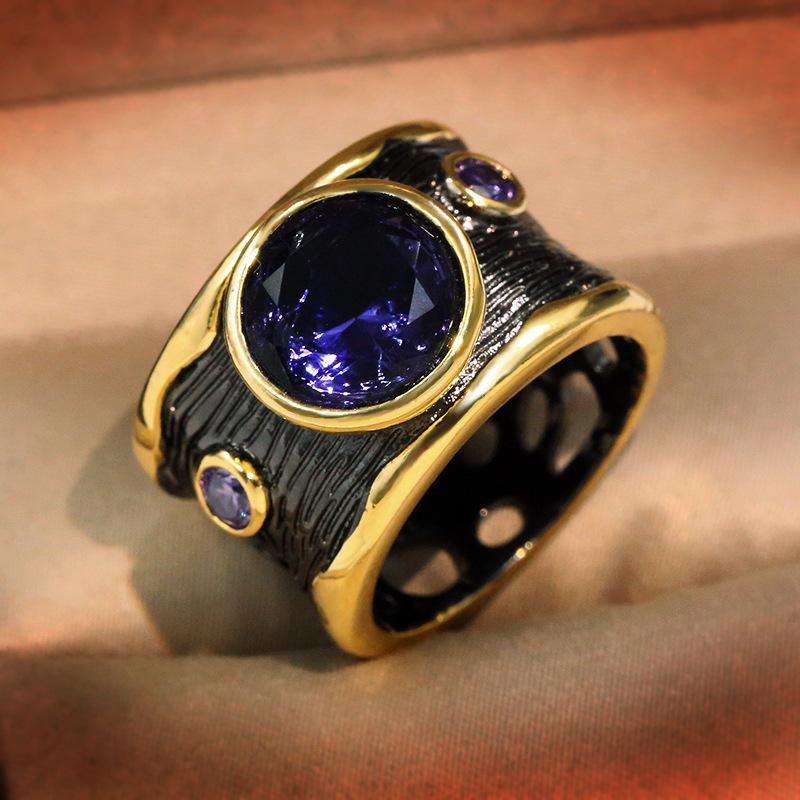 Hot European and N Purple Stone Jewelry with Black Gold Plated Zircon Ring
