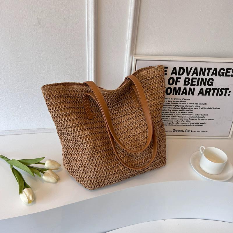 1Pcs Bohemian Summer Fashion Straw Beach Tote Bag Hand-Woven Women'S Shoulder Handbag Travel Shopper Weaving Shopping Bags