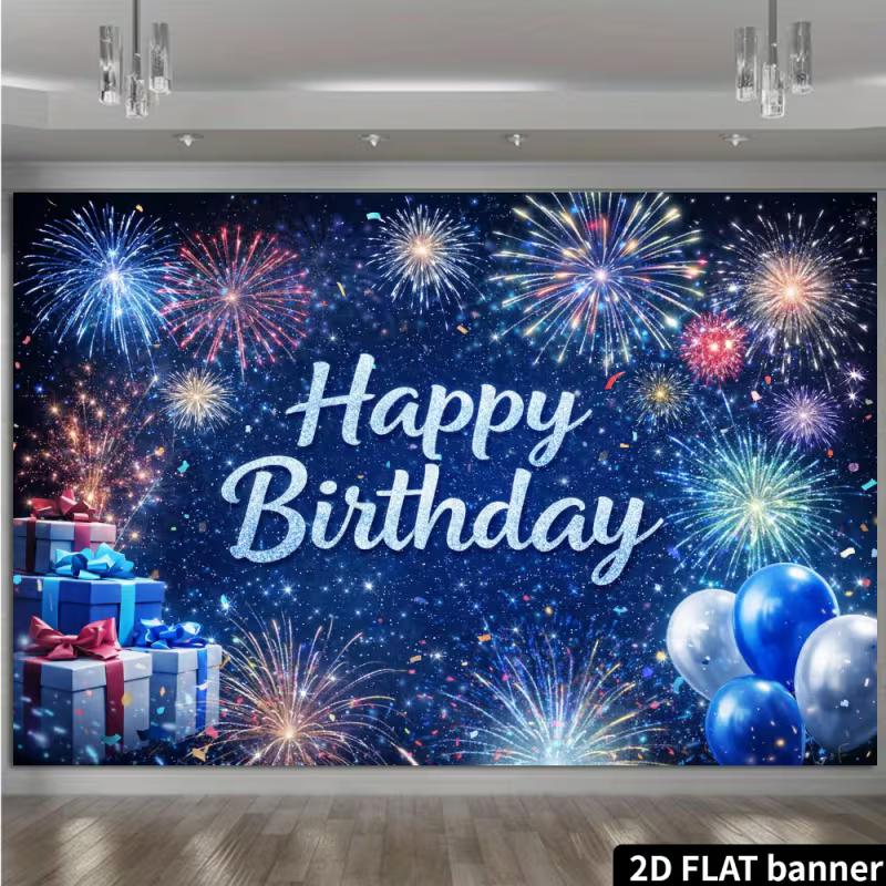 2D Flat Fireworks Happy Birthday Banner Blue Night Sky & Silver Sparkle Backdrop for Birthday Celebration