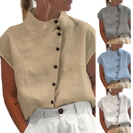 Col Montant Manches Courtes Raglan Chemise Femme Patte de Boutonnage Diagonale Manches Courtes Été Fine Couleur Unie Lâche T-shirt Top Streetwear