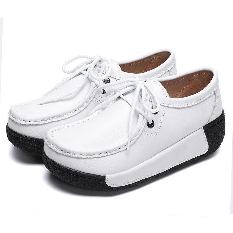 Women's White Leather Cut-Out Wedge Shoes - Thick Soft Sole, Casual Spring/Summer Platform Shoes.