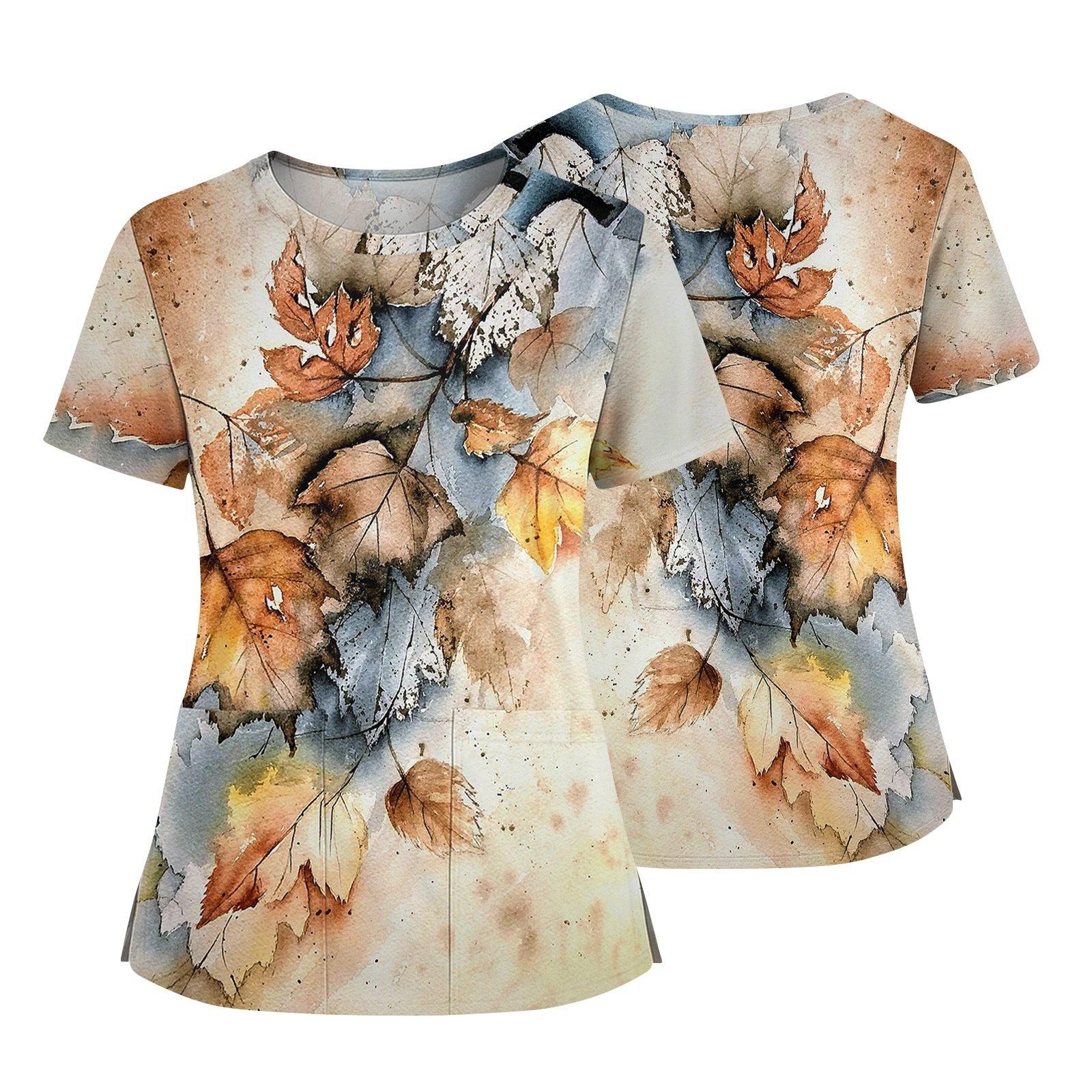 

Женская модная футболка с принтом, круглым вырезом, карманом, короткими рукавами и разрезом по низу, униформа и рабочая блузка XL жёлтый