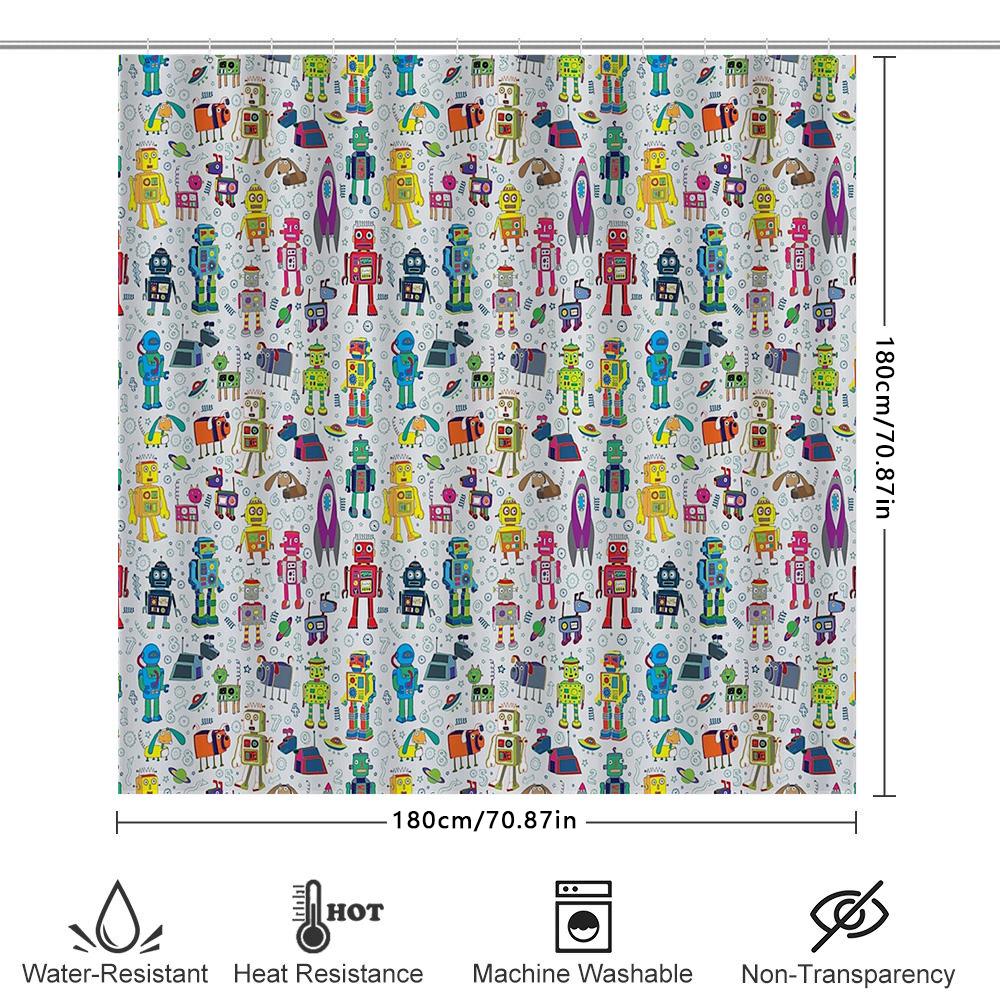 Cute Robot Shower Curtain Funny Space Kids Bathroom Decor Set Waterproof Fabric Modern Pattern Washable Home Textile