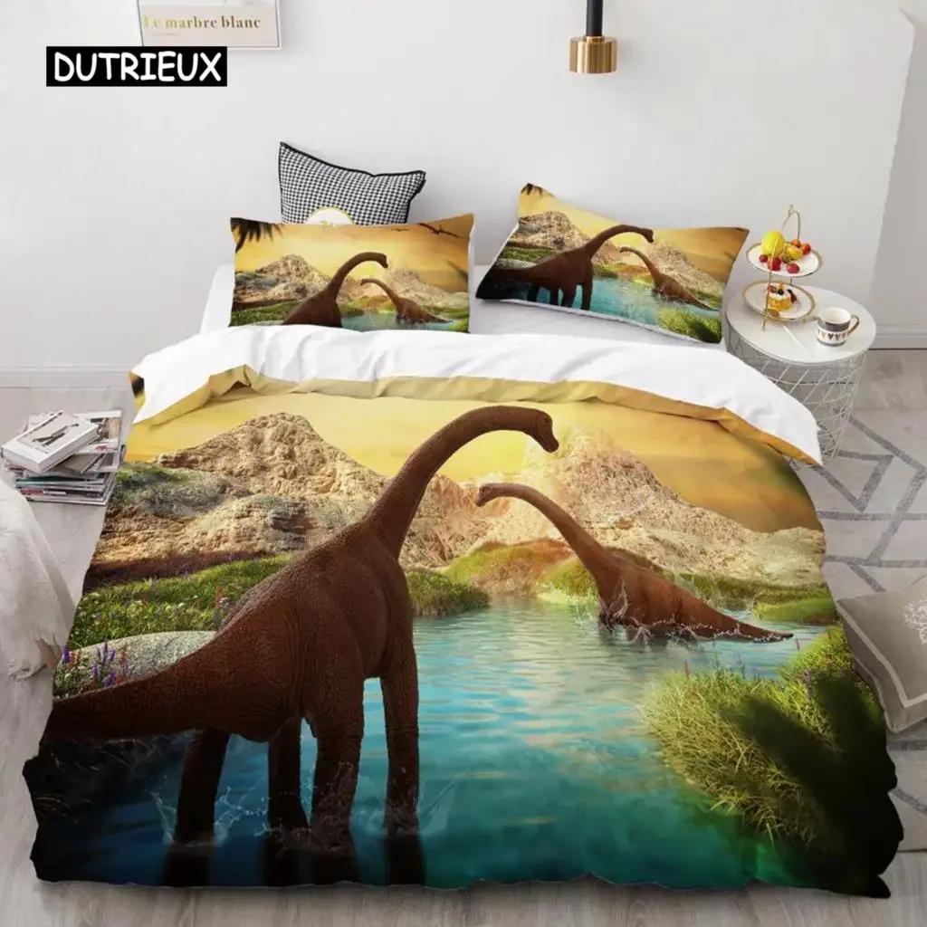 Dinosaur Soft Duvet Cover Set Twin Sized Dimensions Polyester Comfortable Quilt Cover Jurasic World Park Dinosaur Prints Twin Beding Set for Children