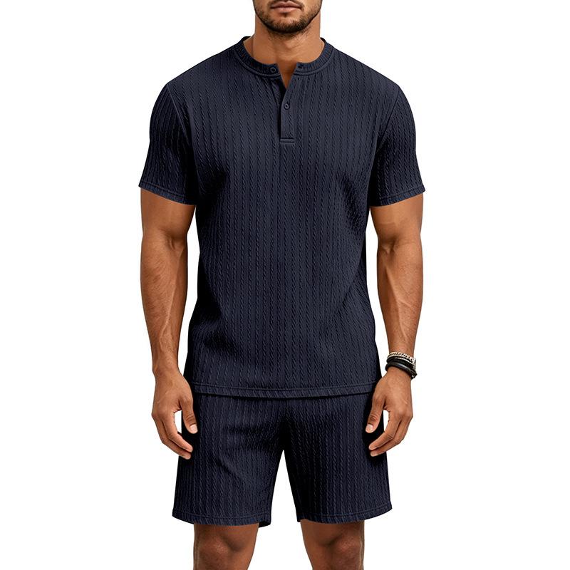 Summer Retro Men's Loose Knit Henley Shirt & Shorts Set