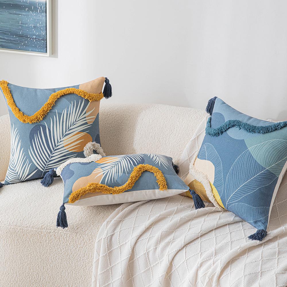 Morandi Color Tufted Pillow Case Ins Style Printed Tassel Pillow Living Room Sofa Cushion Cover Simple Waist Pillow