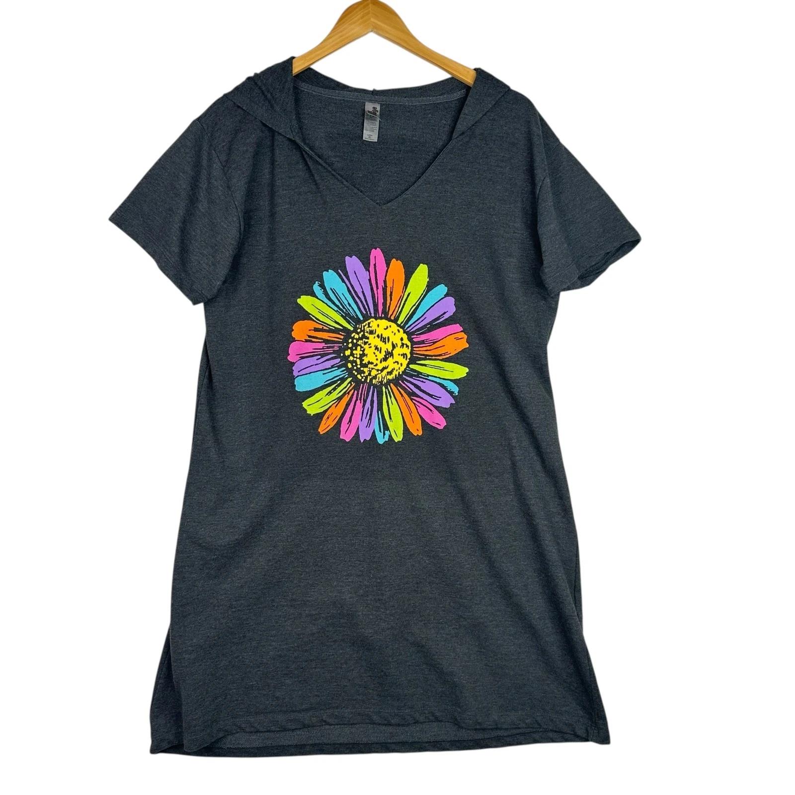 Graphic T Shirt Dress Hooded Floral Daisy Gray XL Boho Festival Knee Length S