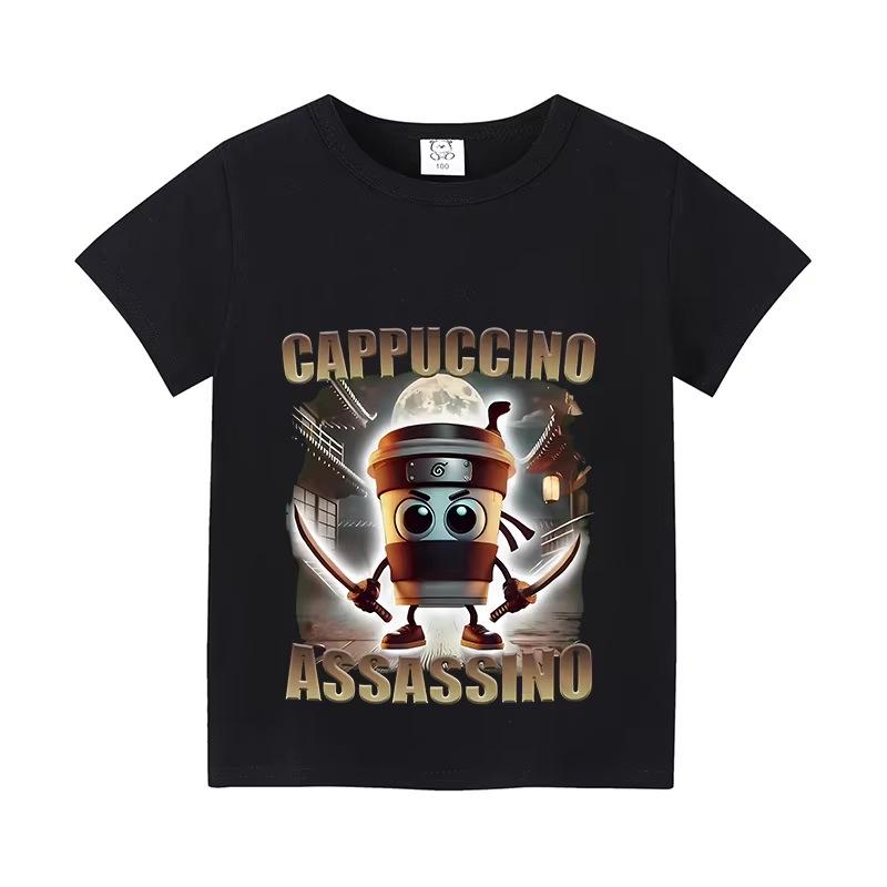 Italy Brain Rot Funny Animal Kids' Cotton T-Shirt - Cappuccino Assassin Short Sleeve