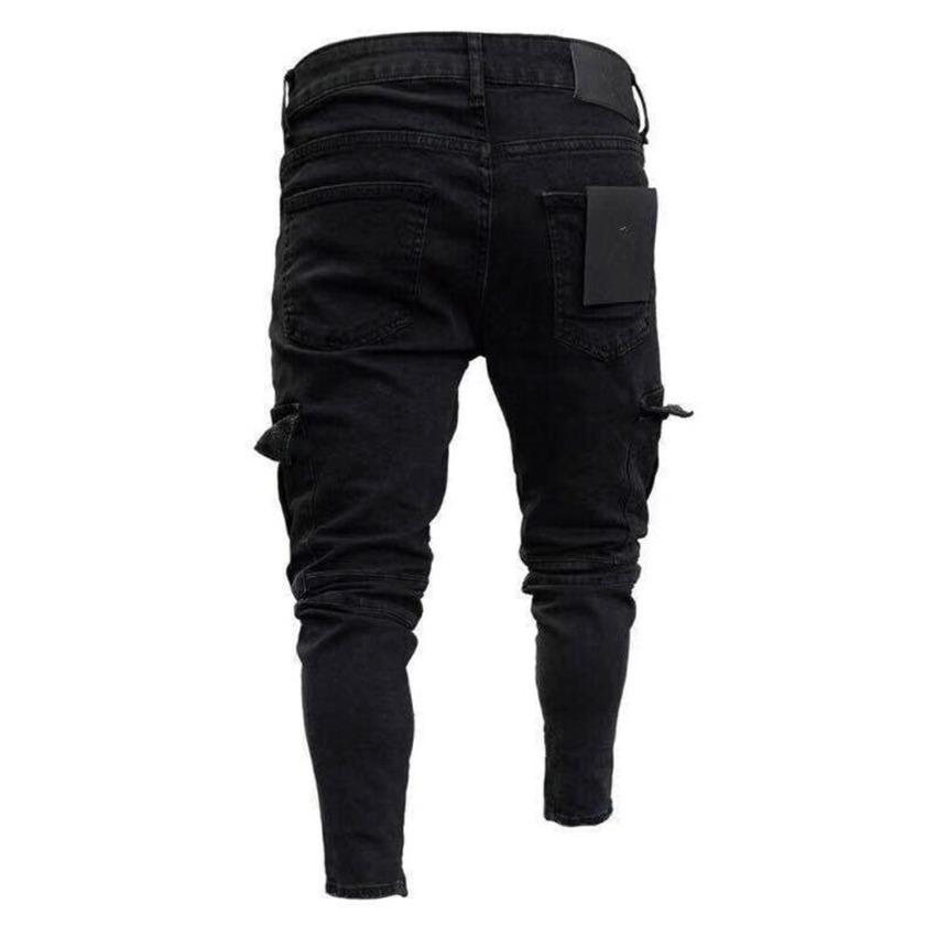 Mens Stretch Skinny Jeans Slim Fit Cargo Denim Pants Black Long Trousers