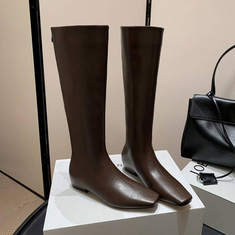 New women's leather boots cowhide high boots medium heel versatile square head zipper autumn and winter genuine leather rubber sole Martin boots