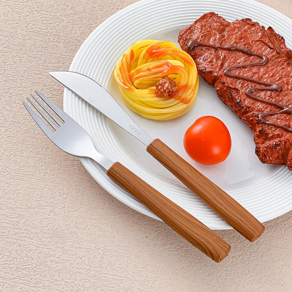 Wood Grain Cutlery Set 304 Stainless Steel Dinner Knife Fork Spoon Reusable Plastic Handle Dinnerware Set For Kitchen Restaurant