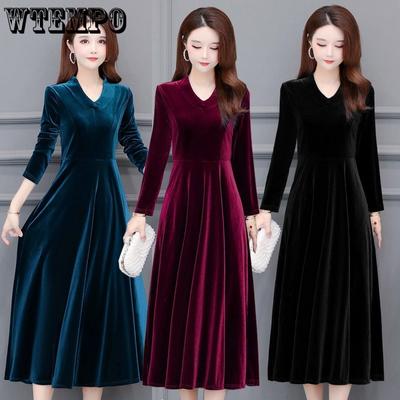Gold Velvet V-neck Western-style Dress Plus Size A-line Dresses Cover Belly Show Temperament Long Skirt Woman Spring and Autumn