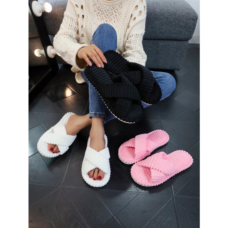 Ladies Cross Strap Corduroy House Slippers, Striped Comfy Cotton Four Seasons Indoor Slides