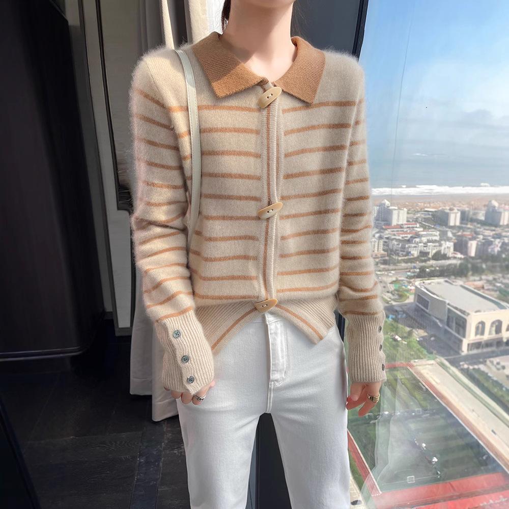 Women's Striped Cashmere Knit Cardigan with Polo Collar - Long Sleeve, Loose Fit, Warm Sweater Coat