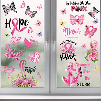 Electrostatic Window Sticker Breast Protection Pink Red Ribbon Butterfly Flowers Window Background