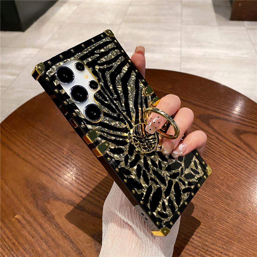 Feather Leopard Print Ring Cover Plating Phone Case For Samsung Galaxy S25FE S24 S23 A54 A51 A71 A52 A72 A82 A22 A20 A50 A70 A40 A60 A17 A26 M40 Flip7