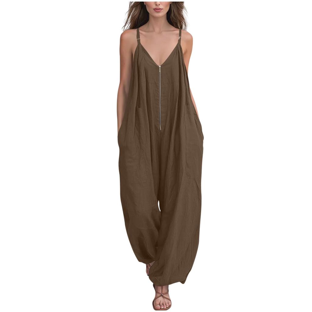 Damen Mode Einfarbiger Reißverschluss V-Ausschnitt Verstellbarer Träger Lockerer Schnitt Ärmellos Weiter Bein Jumpsuit mit Taschen für Freizeitkleidung