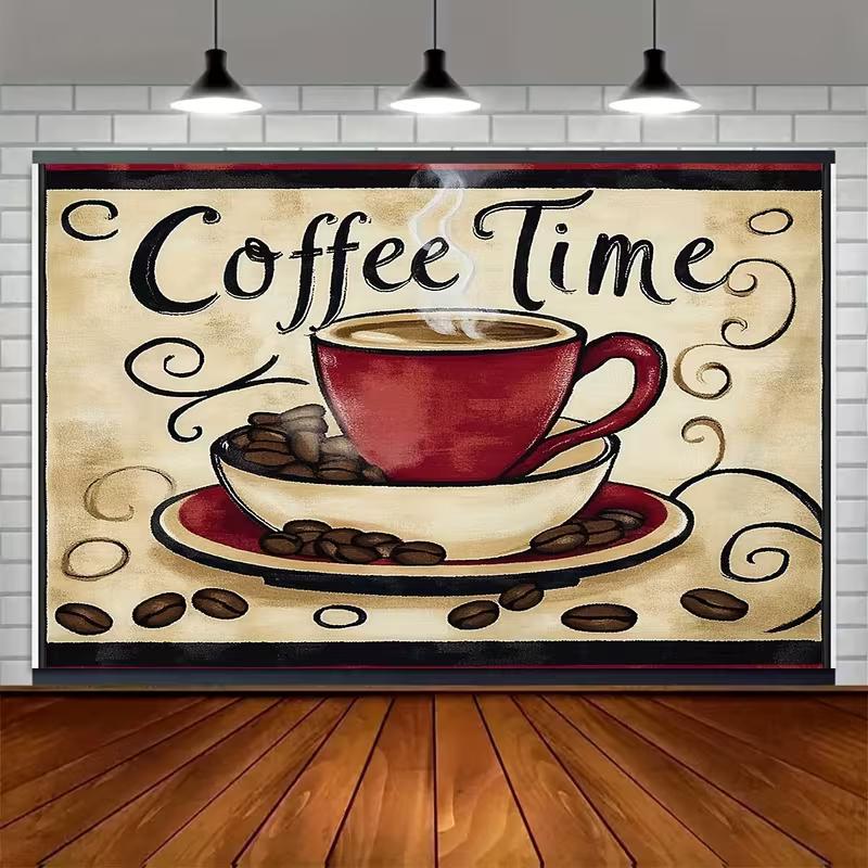 2D Red Coffee Cup Vintage Backdrop for Coffee Shop, Brunch Party and Home Decor