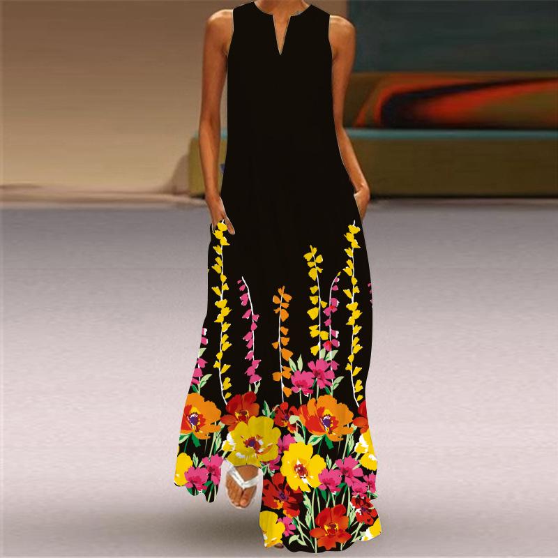 2024 Summer Retro V-Neck Multicolor Sleeveless Long Skirt Dress