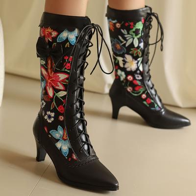 Autumn Winter Mid-calf Boots Women Fashion Flower White Black Boot Elegant Lace-up Low Heels Party Shoes for Girls Big Size 45