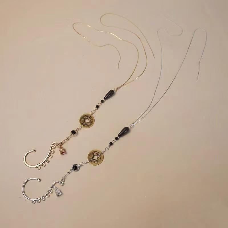 Mountain Ghost Flower Copper Coin Earrings with Tassels - Unisex Hanfu Style Ear Cuffs