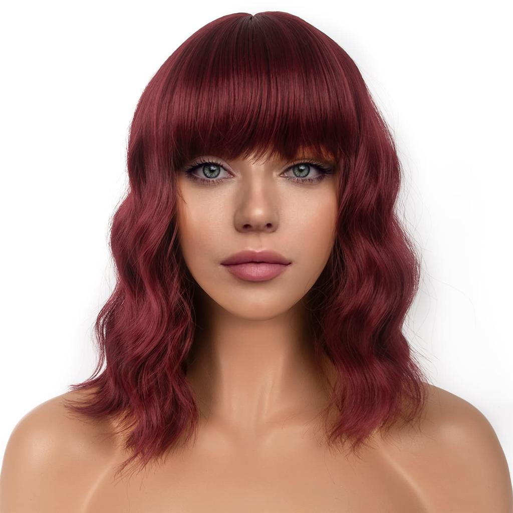 LANCAINI Short Bob Wigs with Bangs for Women Loose Wavy Wig Curly Wavy Shoulder Length Bob Synthetic Cosplay Wig for Girl Colorful Costume Wigs