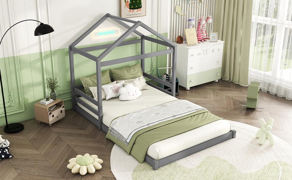 House Bed, 140 X 200 Cm, Children's Bed In House Shape with Slatted Frame (without Mattress), Pine Wood, Minimalist Style, Grey