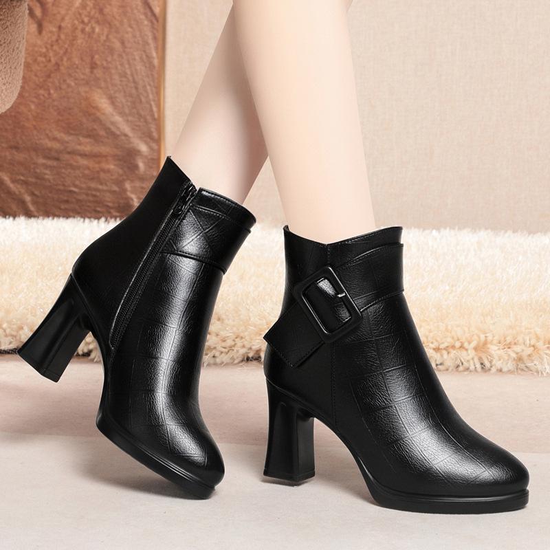 thick-soled high-heeled short boots for women's autumn and winter new short women's boots waterproof table thick-heeled women's leather boots