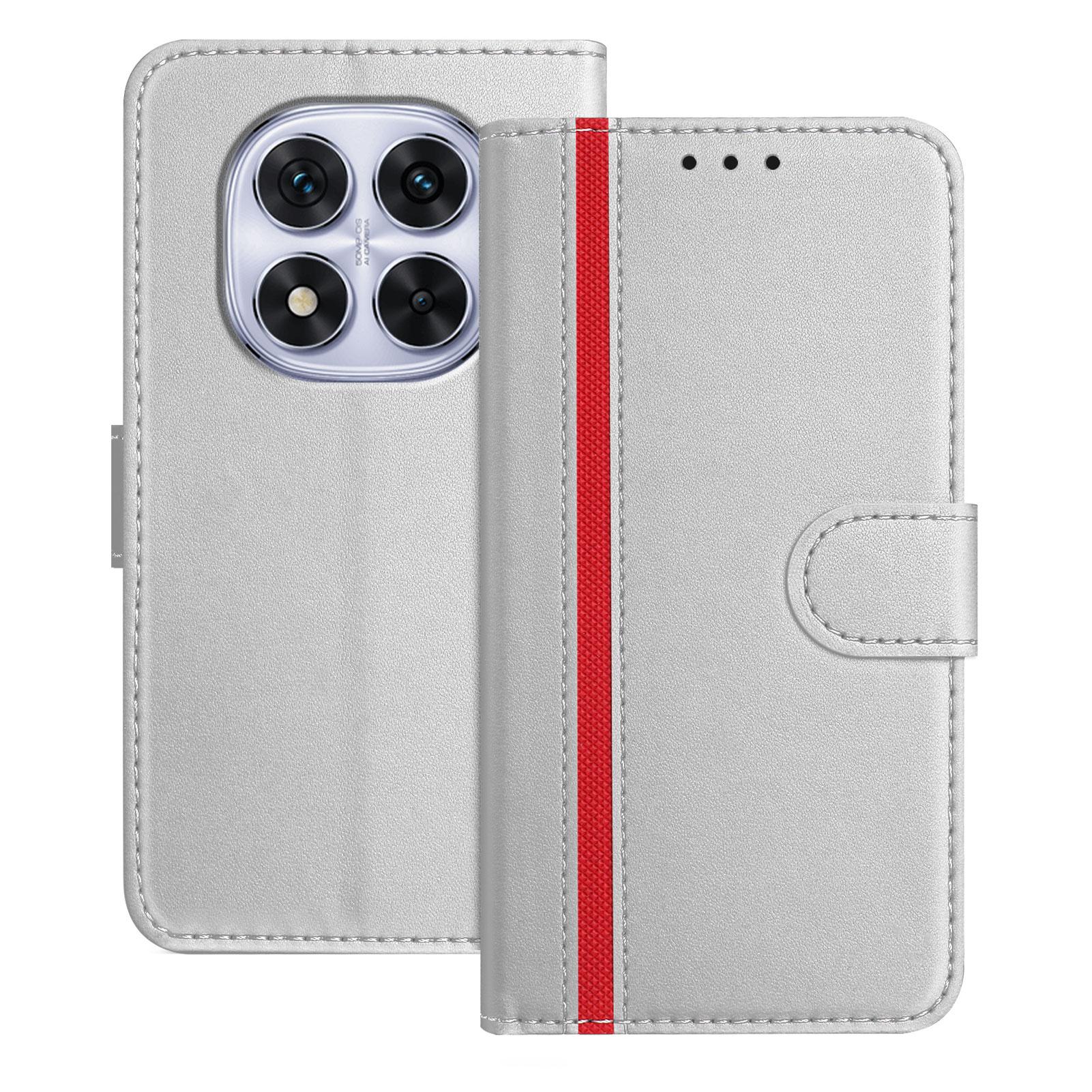 

For Xiaomi Redmi Note 14 Pro 5G Phone Cases Wallet Stand Color Splicing Leather Cover with Magnetic Clasp Silver