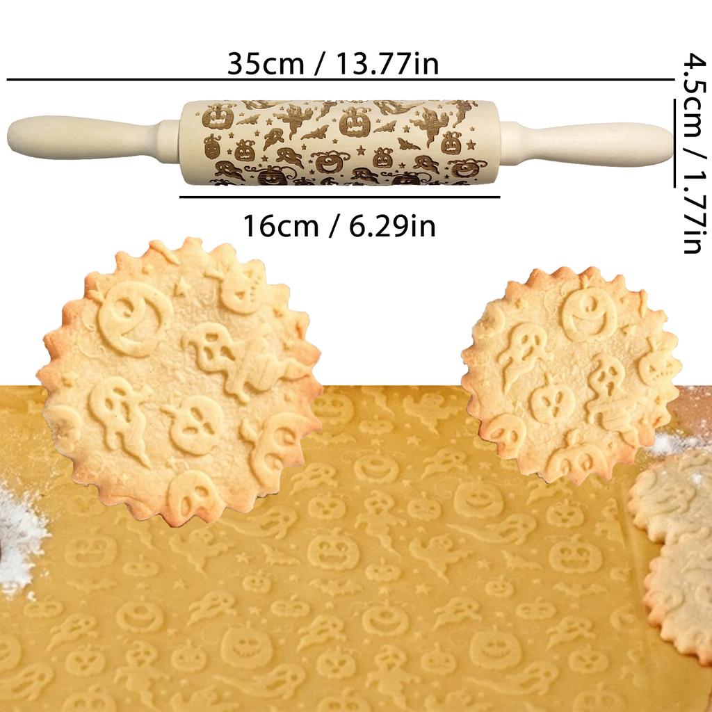 Halloween Rolling Pin with Pumpkin Skull Ghost, Wooden Embossed 3D Cookie Mold Laser Engraved DIY Baking Tools Dough Roller