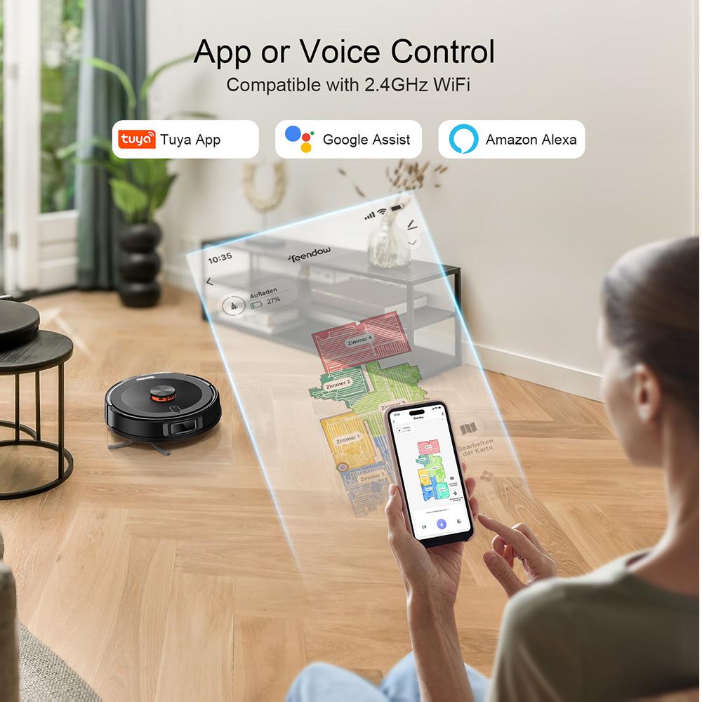 Robotic Vacuum Cleaner Teendow D10S Max Max Suction Power 5000Pa With Mop APP Control Home Cleaning Sweeping Map Navigation Black