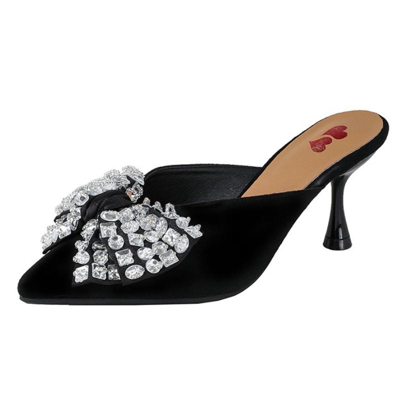 Fashion Luxury Rhinestone Bow Women Sandals High Quality Pointed Toe Thin Heel Slide Sandals Fashion Comfort Party Plus Size Dress Shoes