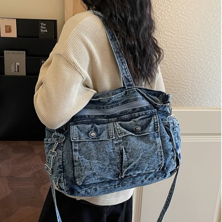 Washed denim multi-pocket tote bag women s shoulder bag