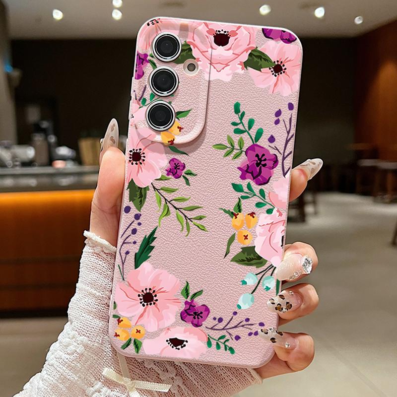 

Ударопрочный чехол с цветочным принтом для телефона Samsung S25 Ultra S24 FE S23 S22 A56 A36 A55 A16 A26 A35 Тонкий матовый кожаный чехол-бампер из ТПУ с текстурой Samsung S25 Ultra розовый