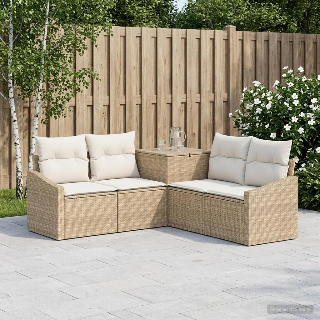 Sofa Set 5 Pieces Beige and Cream White Poly Rattan and Steel