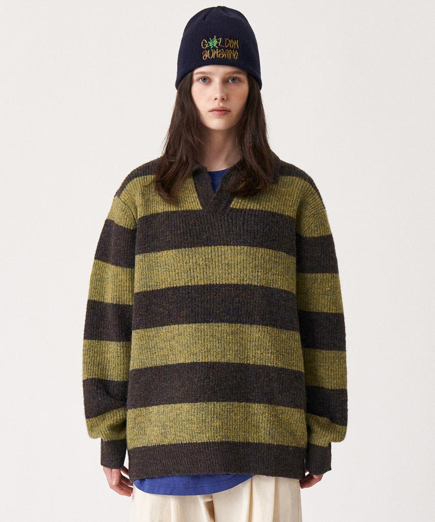 GOLDEN SUNSHINE Wool Mixed Stripe Collar Knit_Green