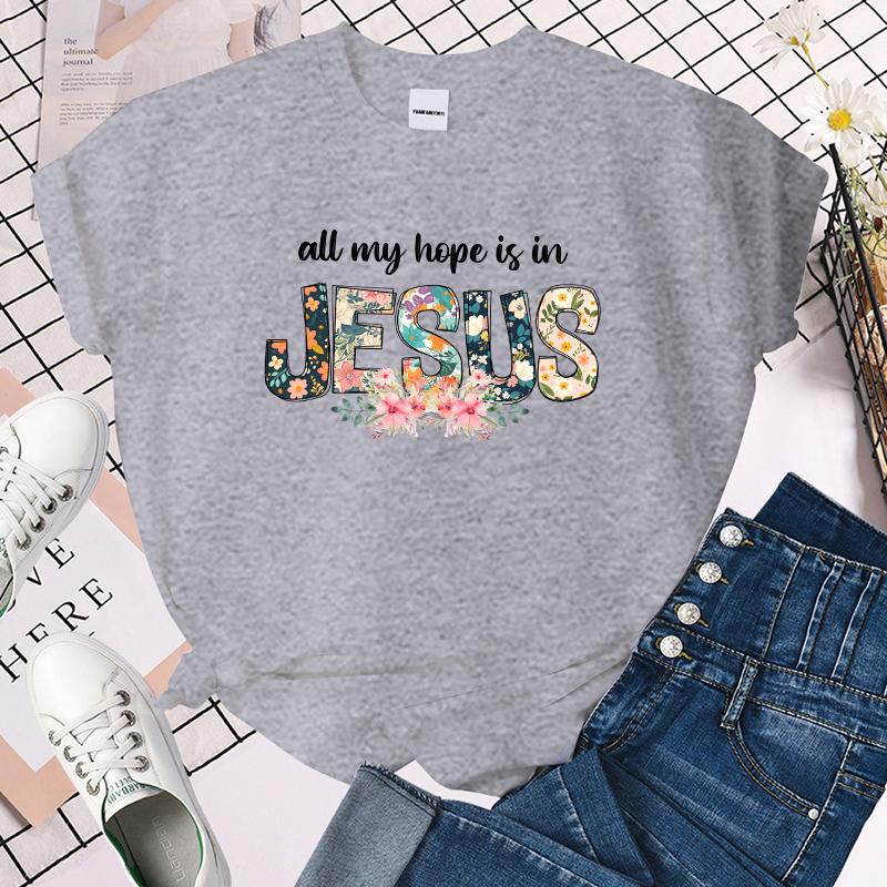 (Premium T-shirt)Funny All My Hope Is In Jesus Letter Printing T-Shirts For Women Summer Tee Shirt Femme Casual Short Sleeve Top