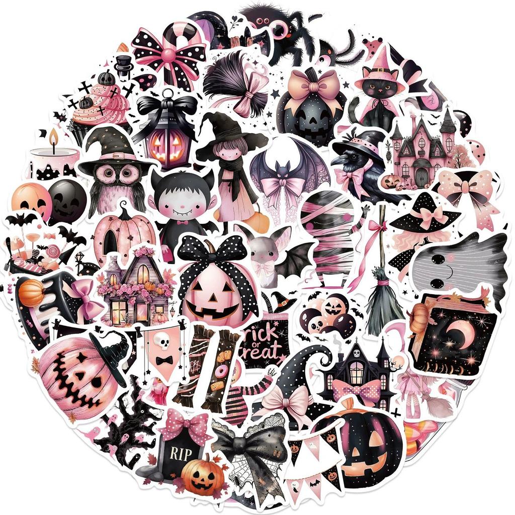 50pcs Black Pink Halloween Graffiti Cartoon Stickers for Guitar, Notebook, Luggage, DIY, Waterproof Decoration.