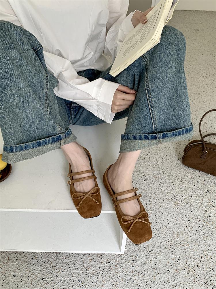 Flat-bottomed Bow Suede Single Shoes Women's 2025 New Ballet Shoes One-word Buckle with Pleated Square Head Mary Jane Shoes