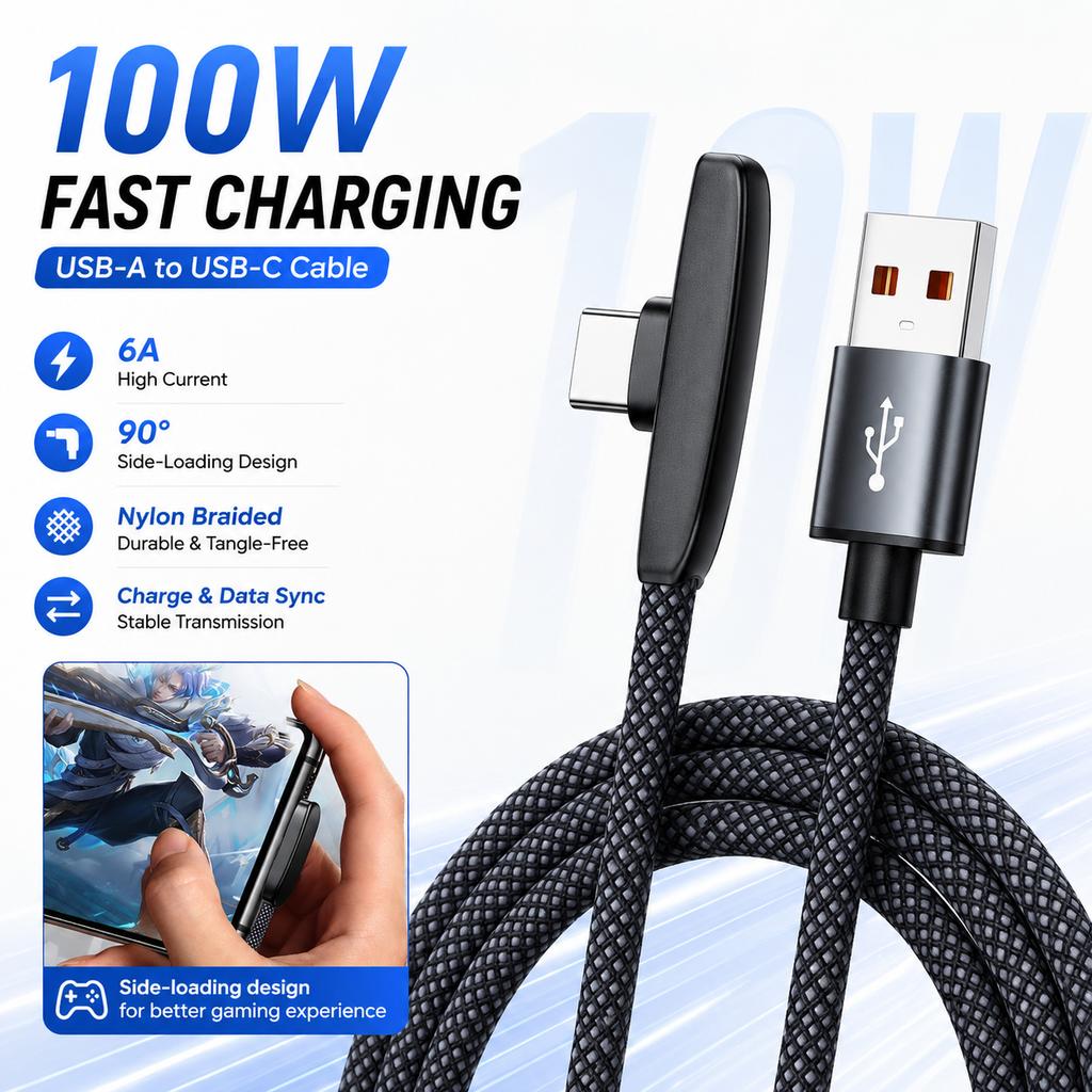 100W 6A Type C Gaming Cable, 90° Right Angle USB A to USB C Nylon Braided Fast Charging Data Cord for Samsung Xiaomi Huawei