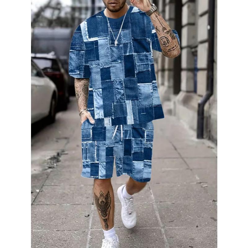 Urban Street Fashion Trend Men's Round Neck Short Sleeved Shorts Set, Outdoor Simple Casual and Comfortable